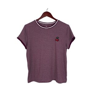 Striped T Shirt Cherry Applique Short Sleeve Casual Top Burgundy White Y2k